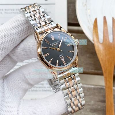 Hot Sale Replica Longines Watch Black Dial Yellow Gold Bezel 2-Tone Yellow Gold Strap Watch 30mm